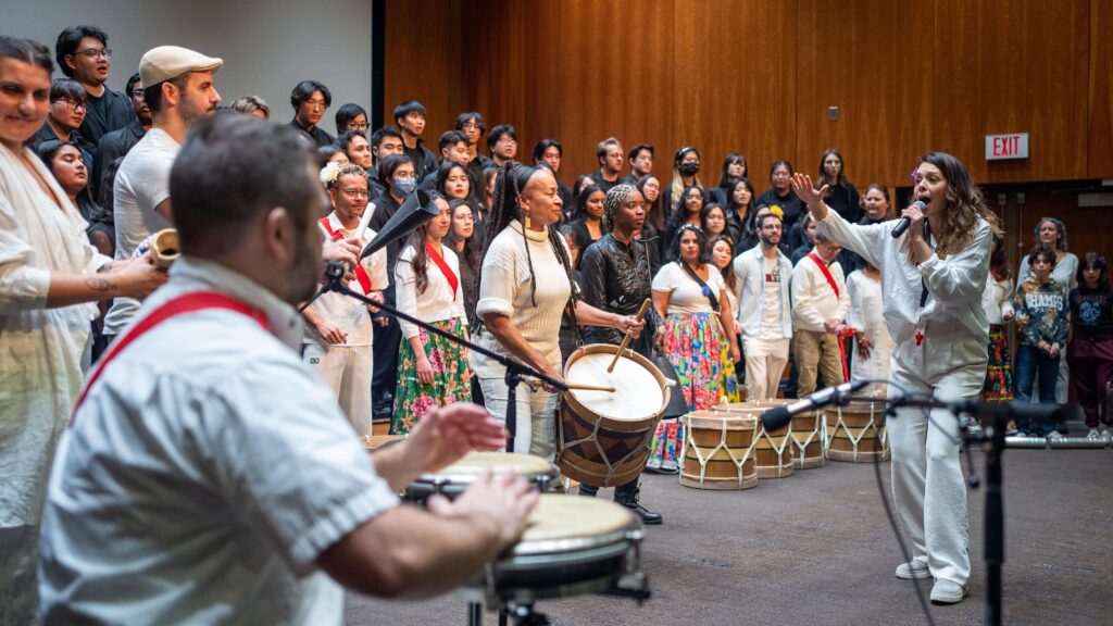 An ensemble of maracatu musicians. 